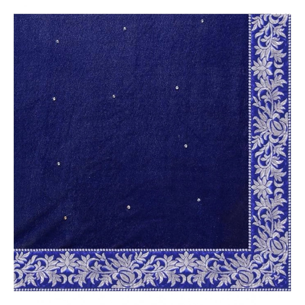 Women's Velvet Embroidered Saree With Unstitched Blouse (Blue, 5.5 Mtr)