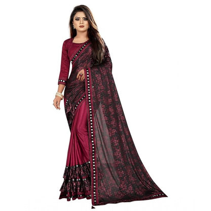 Women's Lycra Solid Saree With Unstitched Blouse (Maroon, 5.5 Mtr)