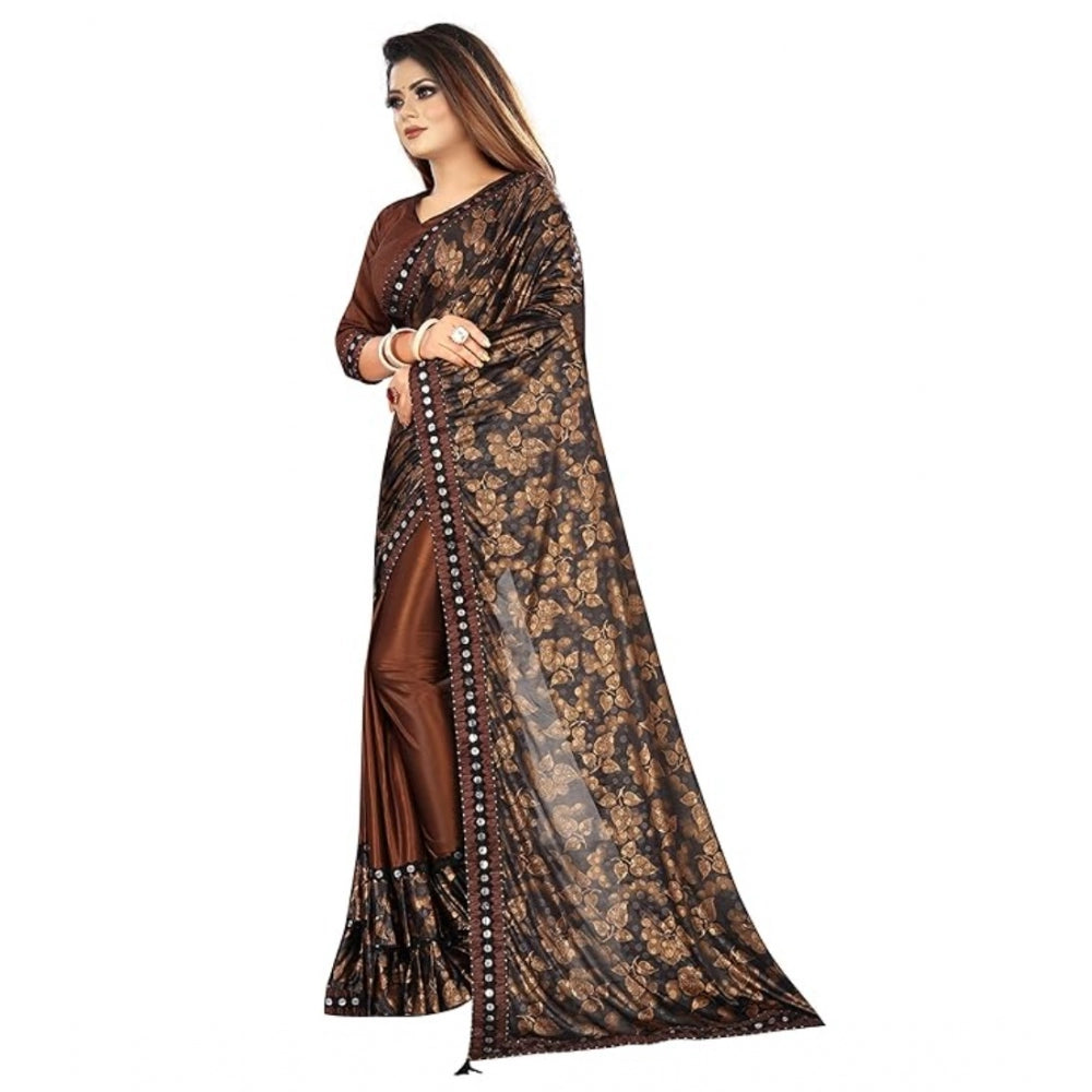 Women's Lycra Solid Saree With Unstitched Blouse (Brown, 5.5 Mtr)