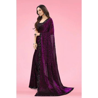 Women's Lycra Floral Saree With Unstitched Blouse (Wine, 5.5 Mtr)