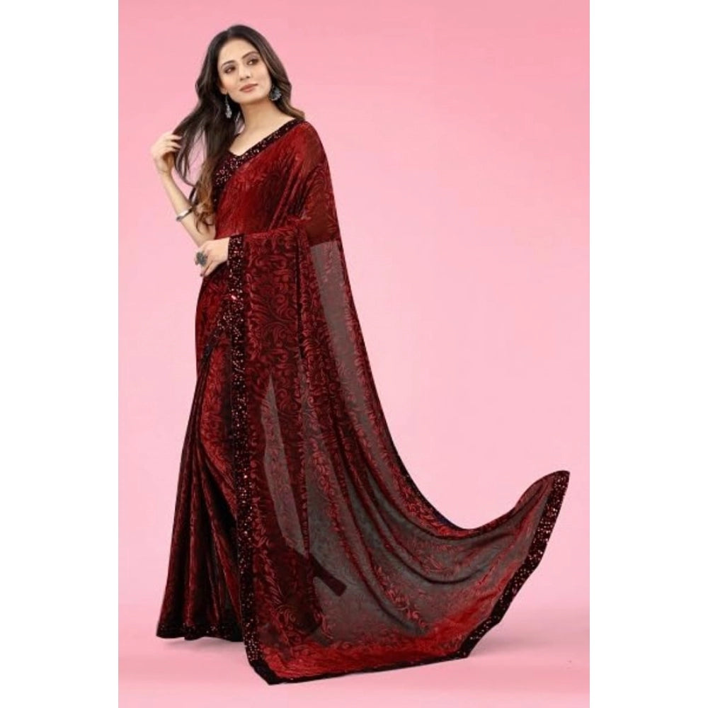 Women's Lycra Floral Saree With Unstitched Blouse (Maroon, 5.5 Mtr)