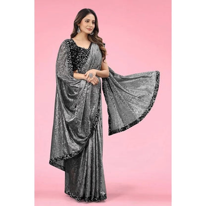 Women's Lycra Floral Saree With Unstitched Blouse (Grey, 5.5 Mtr)