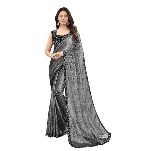 Women's Lycra Floral Saree With Unstitched Blouse (Grey, 5.5 Mtr)