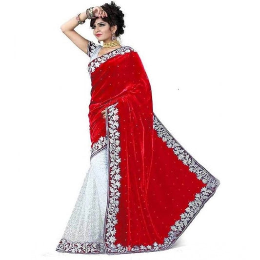 Women's Velvet Embroidered Saree With Unstitched Blouse (Red, 5.5 Mtr)