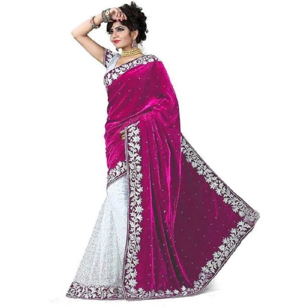 Women's Velvet Embroidered Saree With Unstitched Blouse (Pink, 5.5 Mtr)