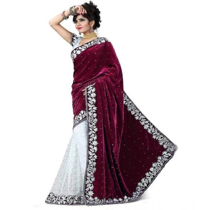 Women's Velvet Embroidered Saree With Unstitched Blouse (Maroon, 5.5 Mtr)