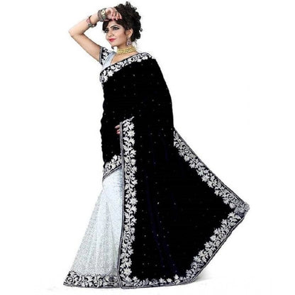 Women's Velvet Embroidered Saree With Unstitched Blouse (Black, 5.5 Mtr)