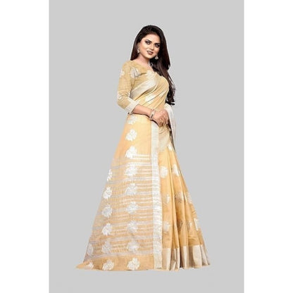 Women's Cotton Silk Floral Saree With Unstitched Blouse (Beige, 5.5 Mtr)