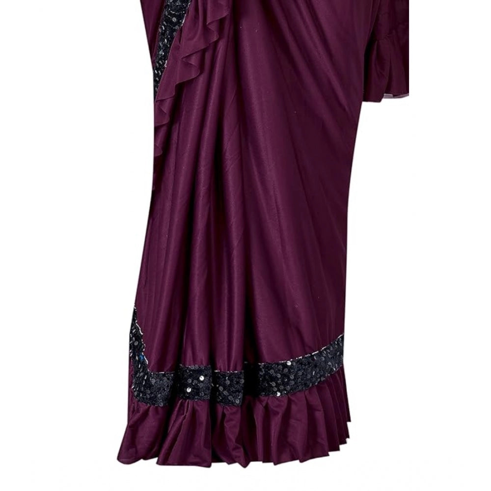 Women's Lycra Solid Saree With Unstitched Blouse (Wine, 5.5 Mtr)