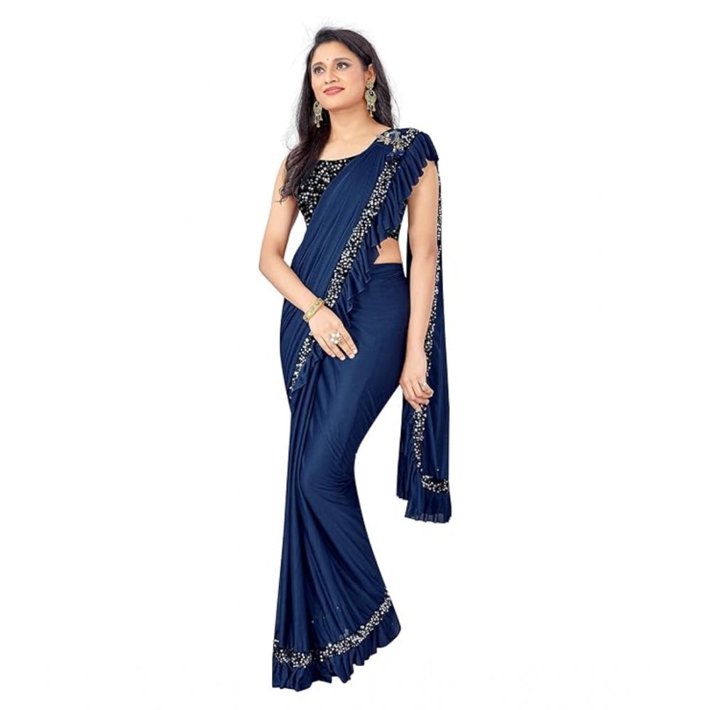 Women's Lycra Solid Saree With Unstitched Blouse (Nay Blue, 5.5 Mtr)