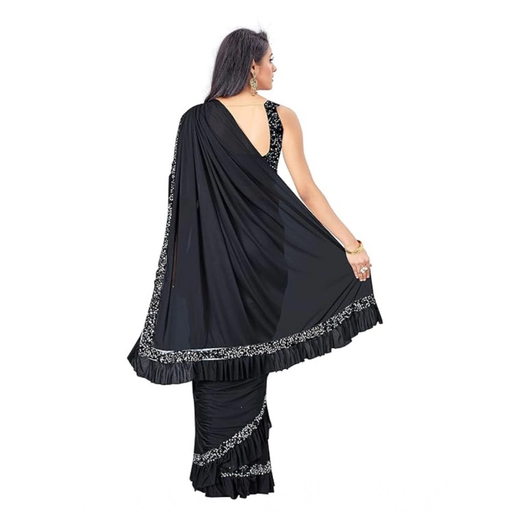 Women's Lycra Solid Saree With Unstitched Blouse (Black, 5.5 Mtr)