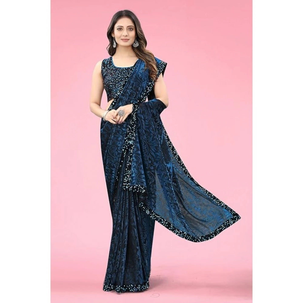 Women's Lycra Floral Saree With Unstitched Blouse (Blue, 5.5 Mtr)