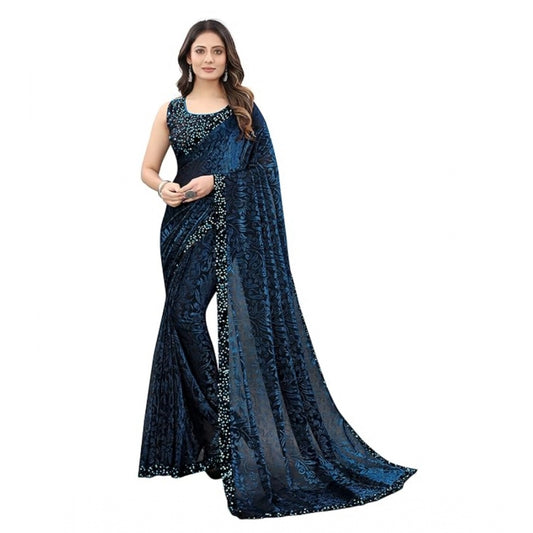 Women's Lycra Floral Saree With Unstitched Blouse (Blue, 5.5 Mtr)