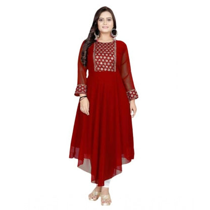 Generic Women's Georgette Embroidered Kurti (Maroon)