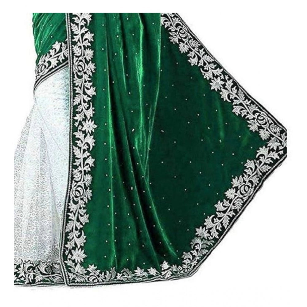 Women's Velvet Embroidered Saree With Unstitched Blouse (Green, 5.5 Mtr)