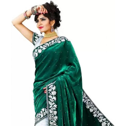 Women's Velvet Embroidered Saree With Unstitched Blouse (Green, 5.5 Mtr)