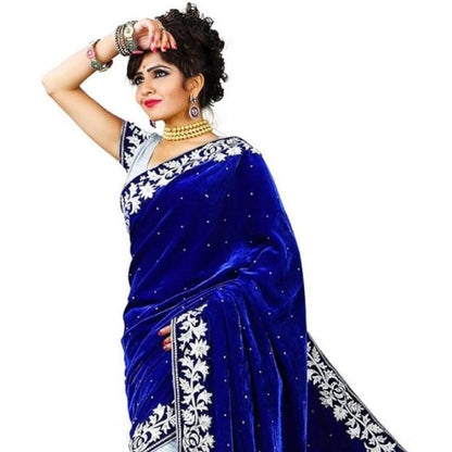 Women's Velvet Embroidered Saree With Unstitched Blouse (Blue, 5.5 Mtr)