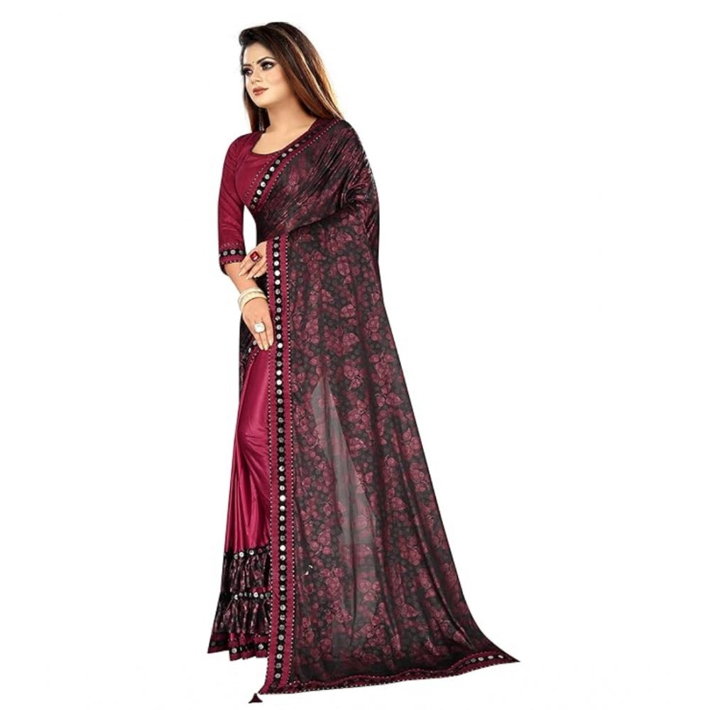 Women's Lycra Solid Saree With Unstitched Blouse (Maroon, 5.5 Mtr)