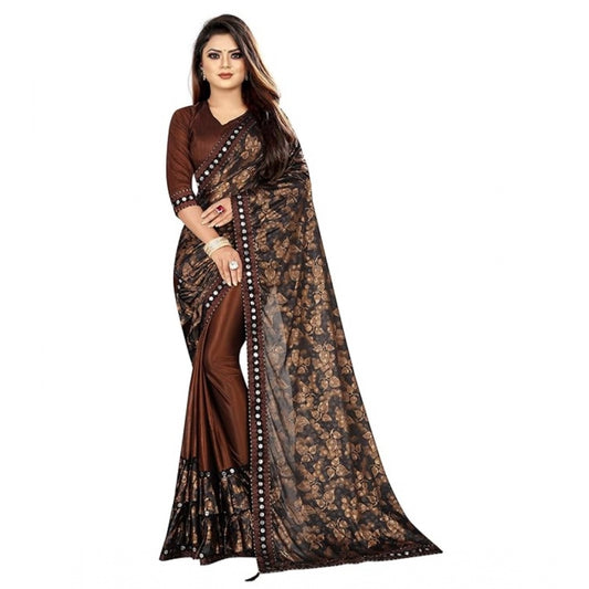 Women's Lycra Solid Saree With Unstitched Blouse (Brown, 5.5 Mtr)