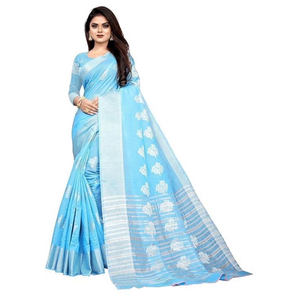 Women's Cotton Silk Floral Saree With Unstitched Blouse (Rama, 5.5 Mtr)