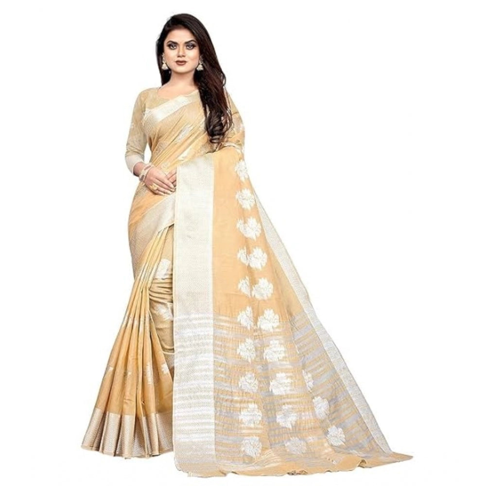 Women's Cotton Silk Floral Saree With Unstitched Blouse (Beige, 5.5 Mtr)