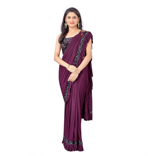 Women's Lycra Solid Saree With Unstitched Blouse (Wine, 5.5 Mtr)