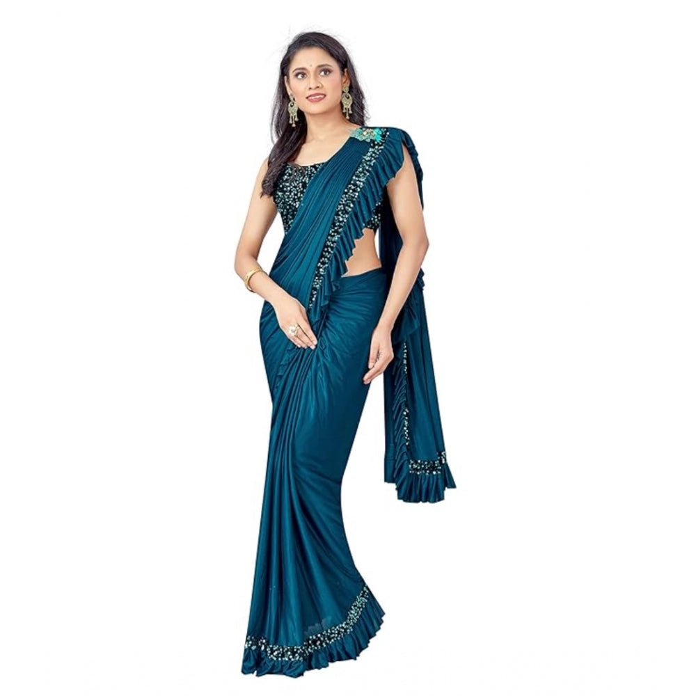 Women's Lycra Solid Saree With Unstitched Blouse (Rama, 5.5 Mtr)