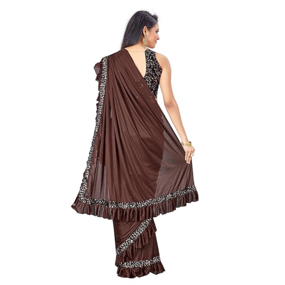 Women's Lycra Solid Saree With Unstitched Blouse (Brown, 5.5 Mtr)