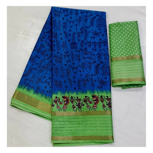 Women's Cotton Printed Saree With Unstitched Blouse (Blue, 5-5 Mtrs)