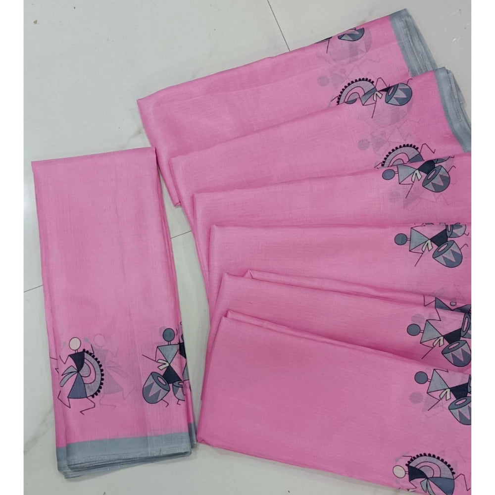 Women's Cotton Silk Printed Saree With Unstitched Blouse (Pink, 5-5 Mtrs)