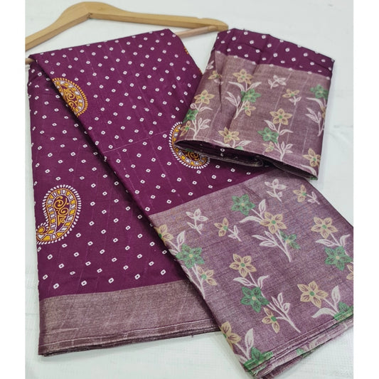 Women's Cotton Silk Printed Saree With Unstitched Blouse (Magenta, 5-5 Mtrs)