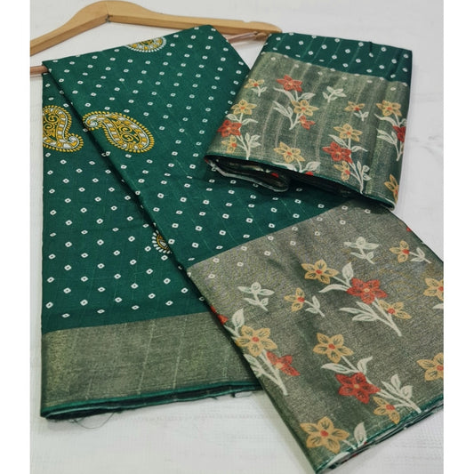 Women's Cotton Silk Printed Saree With Unstitched Blouse (Green, 5-5 Mtrs)