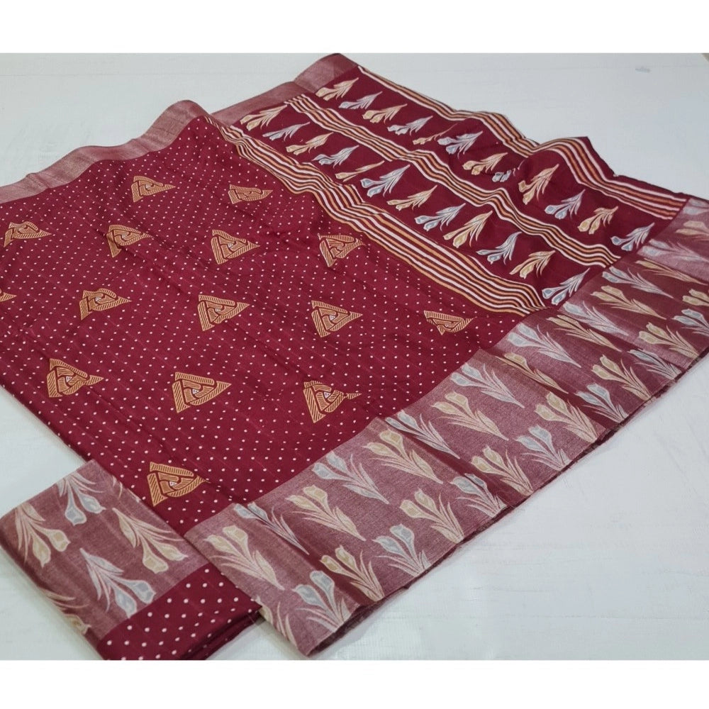 Women's Cotton Silk Printed Saree With Unstitched Blouse (Red, 5-5 Mtrs)