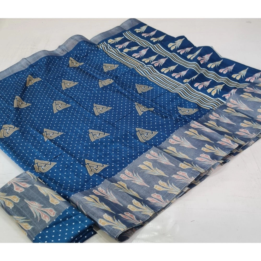 Women's Cotton Silk Printed Saree With Unstitched Blouse (Blue, 5-5 Mtrs)