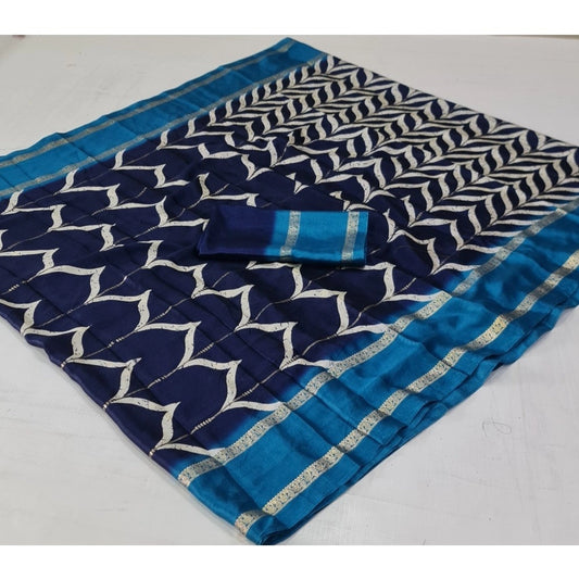 Women's Cotton Printed Saree With Unstitched Blouse (Dark-Blue, 5-5 Mtrs)