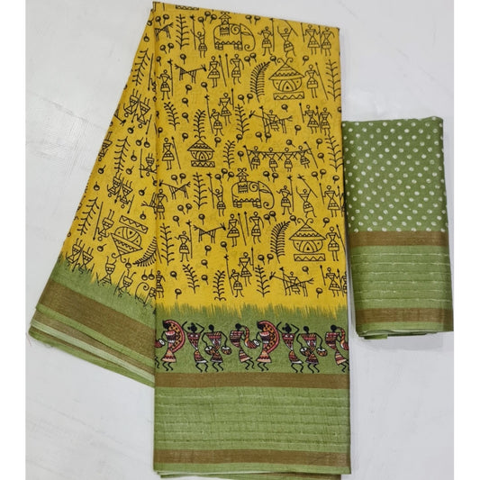 Women's Cotton Printed Saree With Unstitched Blouse (Yellow, 5-5 Mtrs)