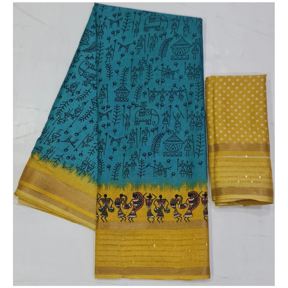 Women's Cotton Printed Saree With Unstitched Blouse (Sky-Blue, 5-5 Mtrs)