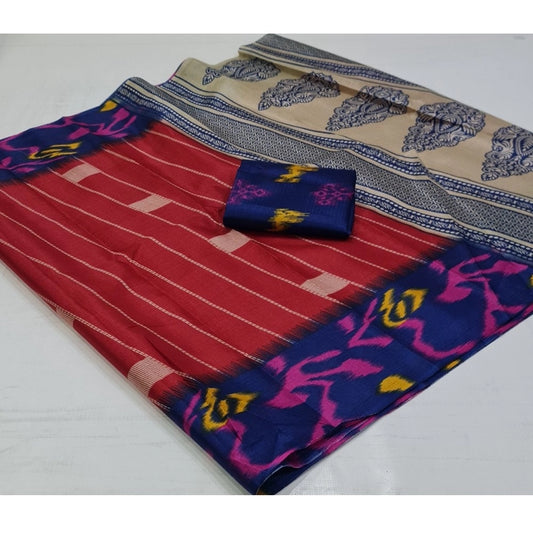 Women's Cotton Silk Printed Saree With Unstitched Blouse (Red, 5-5 Mtrs)