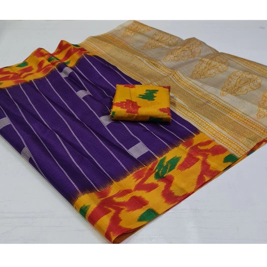 Women's Cotton Silk Printed Saree With Unstitched Blouse (Purple, 5-5 Mtrs)