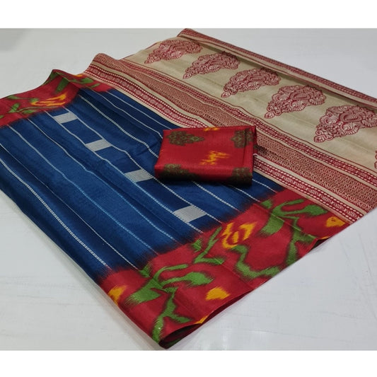 Women's Cotton Silk Printed Saree With Unstitched Blouse (Blue, 5-5 Mtrs)