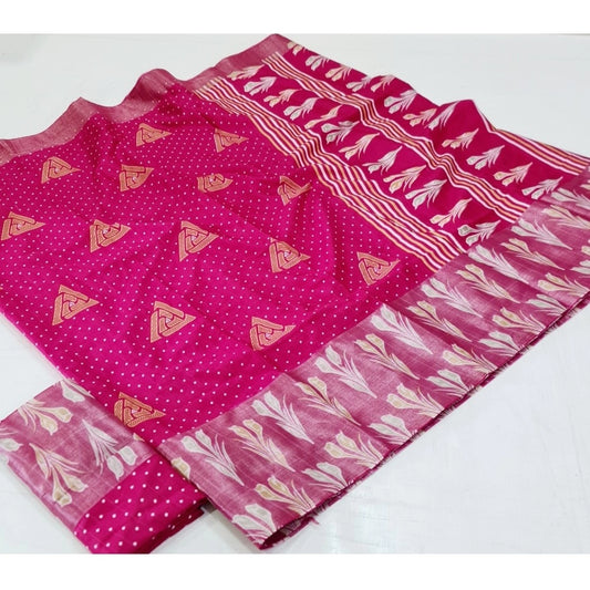 Women's Cotton Silk Printed Saree With Unstitched Blouse (Pink, 5-5 Mtrs)