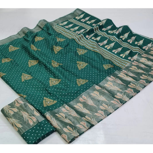 Women's Cotton Silk Printed Saree With Unstitched Blouse (Green, 5-5 Mtrs)