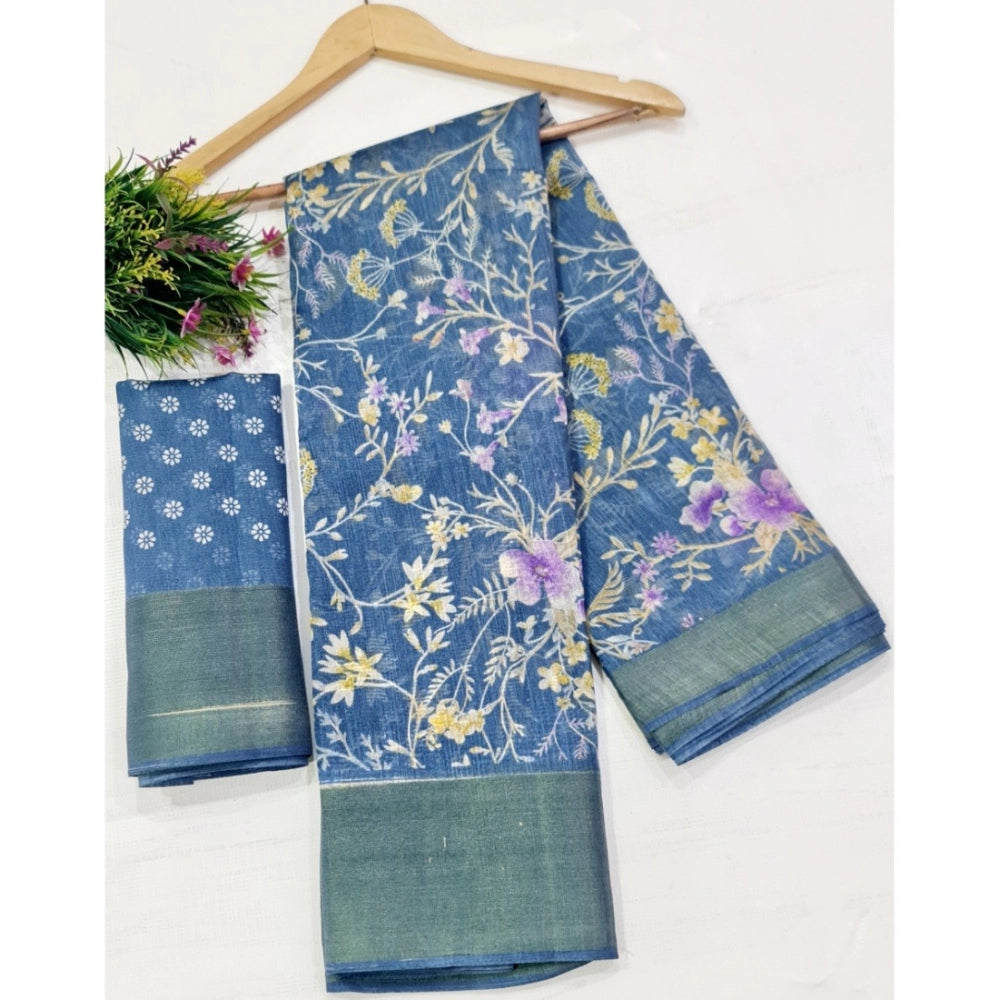 Women's Cotton Printed Saree With Unstitched Blouse (Sky-Blue, 5-5 Mtrs)