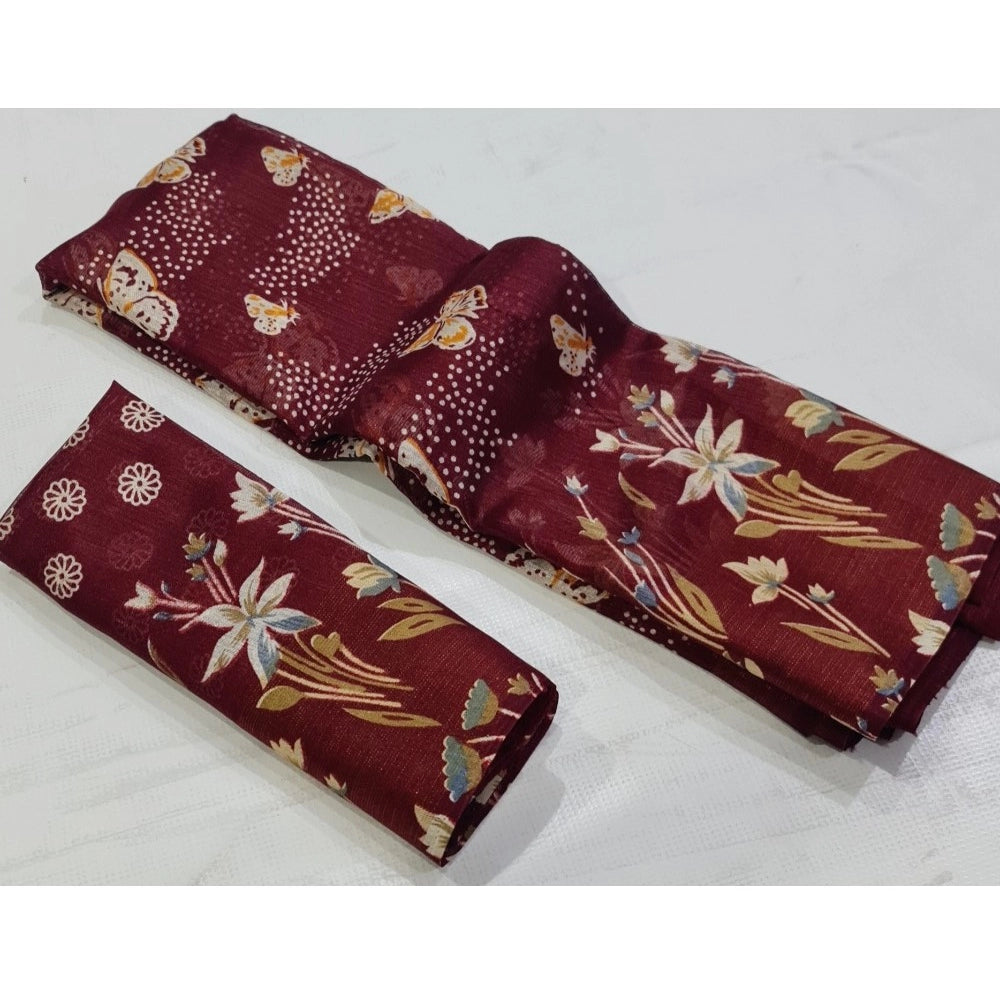 Women's Cotton Printed Saree With Unstitched Blouse (Maroon, 5-5 Mtrs)