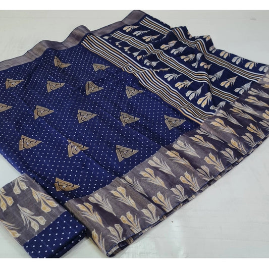 Women's Cotton Silk Printed Saree With Unstitched Blouse (Dark-Blue, 5-5 Mtrs)