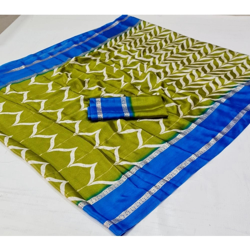 Women's Cotton Printed Saree With Unstitched Blouse (Light-Green, 5-5 Mtrs)