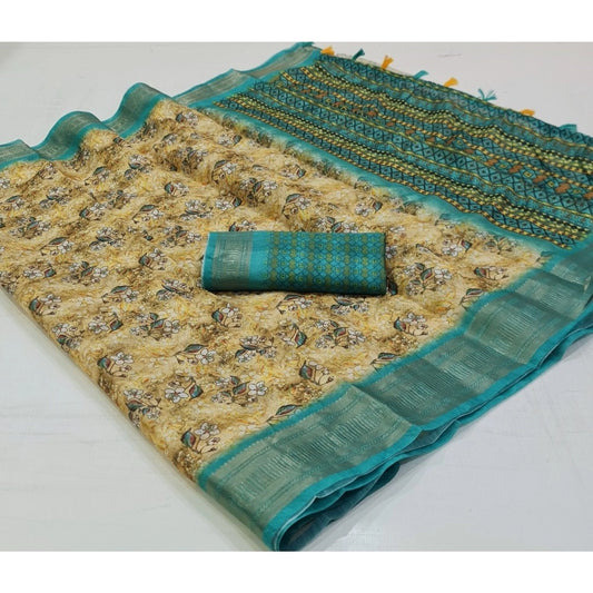 Women's Cotton Printed Saree With Unstitched Blouse (Yellow, 5-5 Mtrs)