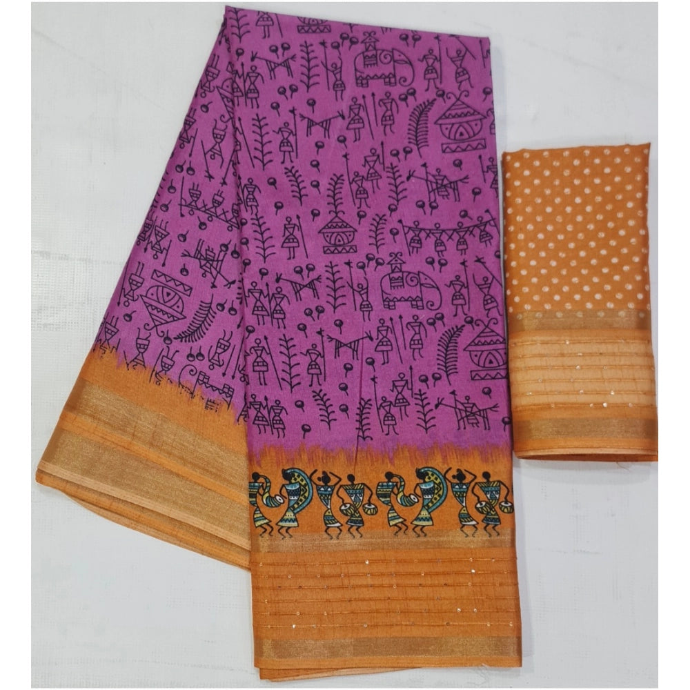 Women's Cotton Printed Saree With Unstitched Blouse (Pink, 5-5 Mtrs)