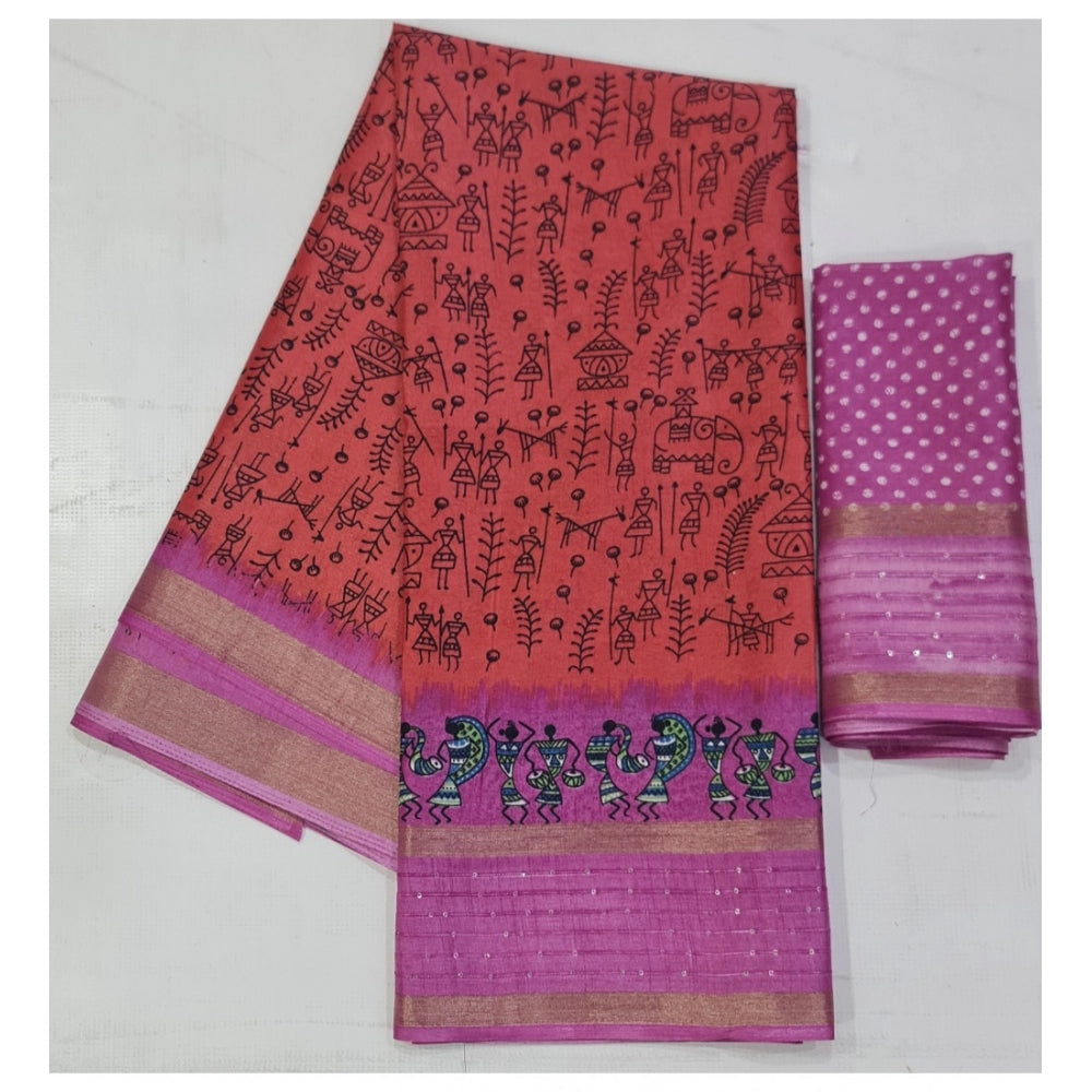 Women's Cotton Printed Saree With Unstitched Blouse (Peach, 5-5 Mtrs)