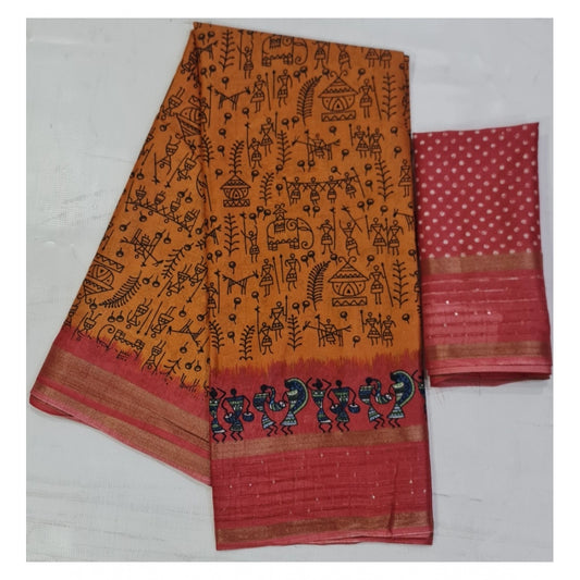 Women's Cotton Printed Saree With Unstitched Blouse (Orange, 5-5 Mtrs)